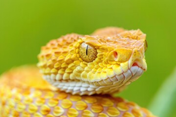 Obraz premium Close up of wild yellow snake head with scales in nature on green background
