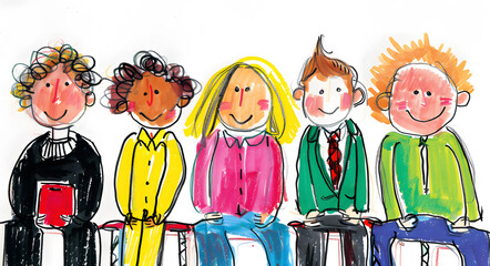 A naive art style drawing depicts children with smiling faces and brightly colored clothes sitting in a row
