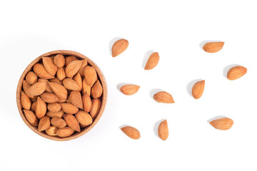 Dried nuts of peeled almonds on a white background, top view - 787292189