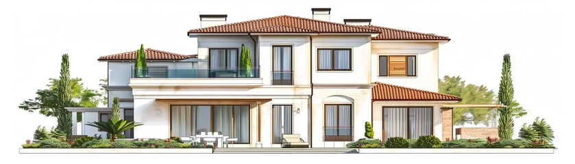 Fototapeta premium Modern exterior of a two-story house with a red tile roof