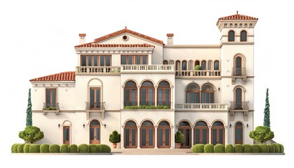 Fototapeta premium A large, two-story house with a red tile roof and arched windows and doors. The house is surrounded by trees and bushes.