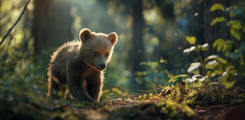 An inquisitive bear cub explores the forest floor, bathed in enchanting light filtering through the trees above