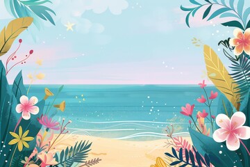 Fototapeta na wymiar A cartoon background of a beach with flowers and palm trees.