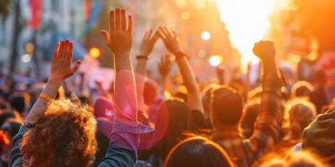 Raised fists of a crowd against a sunset sky, symbolizing unity and celebration at an outdoor event.