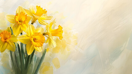 bouquet of yellow flowers Daffodils on watercolor background Spring season bloom of Jonquil Blossom of spring flowers narcissus Celebrating of St Davids Day Horizontal banner with copy : Generative AI
