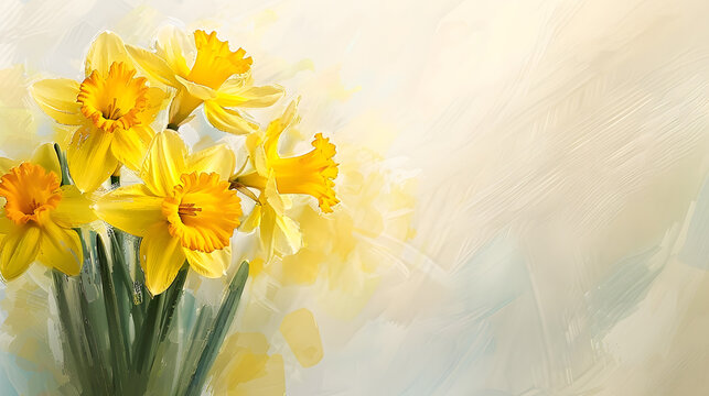 bouquet of yellow flowers Daffodils on watercolor background Spring season bloom of Jonquil Blossom of spring flowers narcissus Celebrating of St Davids Day Horizontal banner with copy : Generative AI