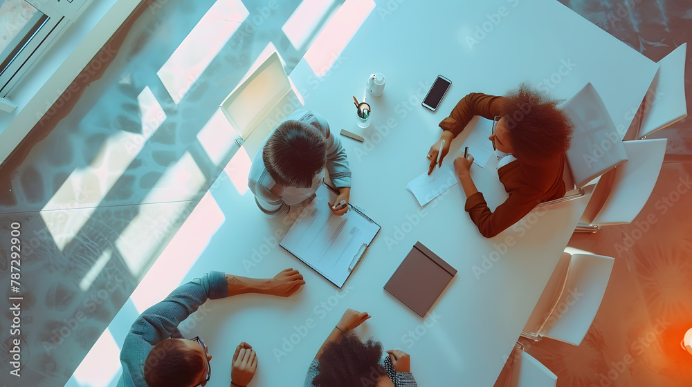 Leinwandbilder top view of group of multiethnic busy people working in an office aerial view with businessman and b