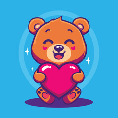 Obraz na płótnie Canvas Cute teddy bear hugging red heart cartoon illustration vector artwork