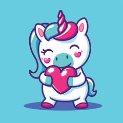 Obraz na płótnie Canvas Cute unicorn hugging red heart cartoon illustration vector art