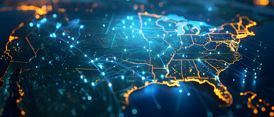The image features a luminous map of the United States with glowing connections, showcasing technology and data exchange