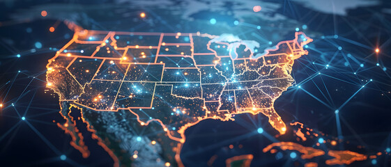 An artistically crafted image showcasing the USA map outlined by lights, indicating technological connectivity and data flow - obrazy, fototapety, plakaty