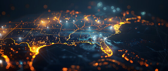 This image visualizes a high-detail digital network sprawling across the USA, representing connectivity and data pathways