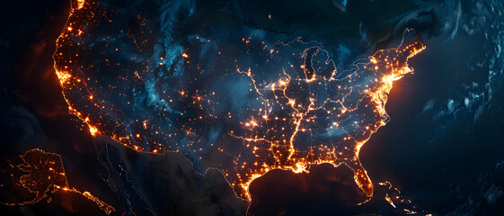 A visually striking depiction of the United States map illuminated with lights from cities at night as seen from space - obrazy, fototapety, plakaty