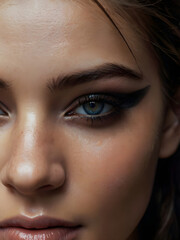 Close up of blue green woman eye. Smokey eyes makeup. Modern fashion make up.