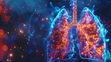 This digital artwork intricately maps the human respiratory system with glowing highlights indicating airflow and health - obrazy, fototapety, plakaty