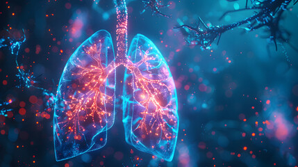 This visually stunning 3D illustration showcases human lungs enhanced with glowing neon particles, signifying breakthroughs in health and medicine - obrazy, fototapety, plakaty