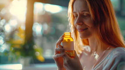 Happy young caucasian woman holding bottle of dietary supplements or vitamins in her hands Close up Healthy lifestyle concept : Generative AI - obrazy, fototapety, plakaty