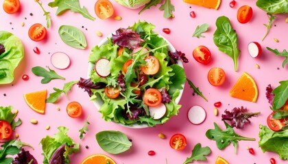 Fresh salad ingredients hovering on pink background  arugula, lettuce, radish, and tomato in air - obrazy, fototapety, plakaty