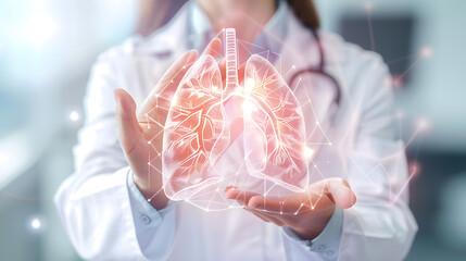 Female doctor holding virtual Lungs in hand Handrawn human organ copy space on right side raw photo colors Healthcare hospital service concept stock photo : Generative AI
