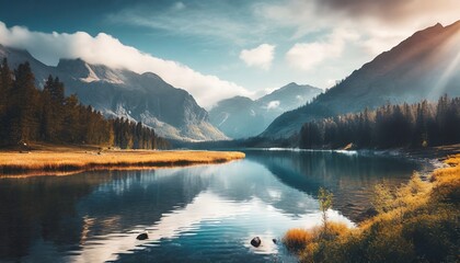 calm lake with mountains in the background and a forest
