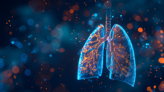 This artwork graphically interprets human lungs with bright lighting effects to express concepts of life, health, and technological advancement in medicine