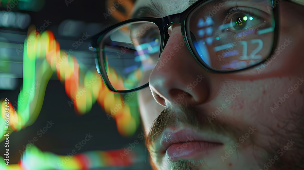 Fototapete portrait of trader wearing eyeglasses with reflection cryptocurrency chart closeup portrait of man a