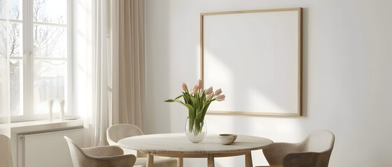 A sophisticated dining nook with a round table, chairs, and a framed artwork next to a sunny window