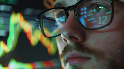Portrait of trader wearing eyeglasses with reflection cryptocurrency chart Closeup portrait of man analysing stock market Copy space : Generative AI