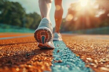 Runners perspective, feet in motion, detailed athletic shoes, track and stadium surroundings, sunny day flare