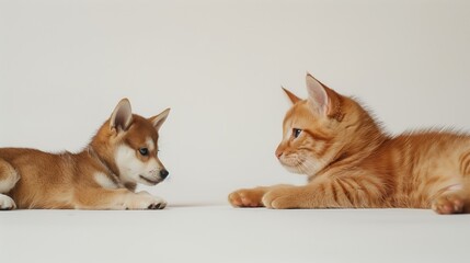 Adorable golden tabby cat and Shiba Inu puppy friends on white background. pet and family themes.