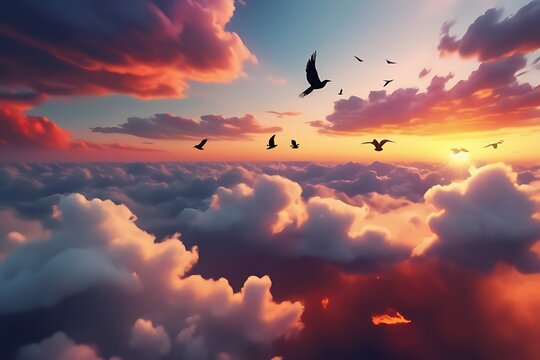 Aesthetic Bliss: Captivating Sunset Sky Above Fields with Soaring Birds