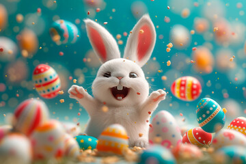 Happy Easter, white rabbit surrounded by colorful eggs