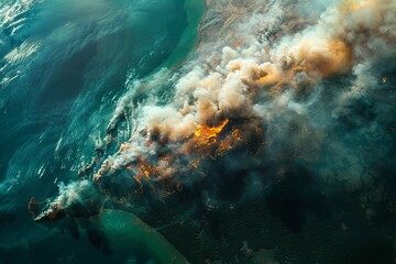 Satellite view of a large area of the Amazon rainforest being consumed by fire, smoke plumes visible from space - obrazy, fototapety, plakaty