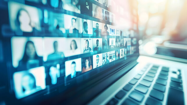 Online business briefing virtual meeting Panoramic photo of laptop screen with webcam shots of multi ethnic business partners communicates from home by a video conference online webina : Generative AI