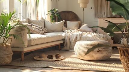 eco friendly home interior with warmth depth and dimension to any space creating an inviting atmosphere. Natural fibers like wool linen cotton bringing a sense of sustainability living room