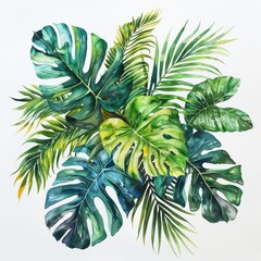 Fototapeta na wymiar A watercolor painting of a bouquet of tropical leaves in various shades of green.