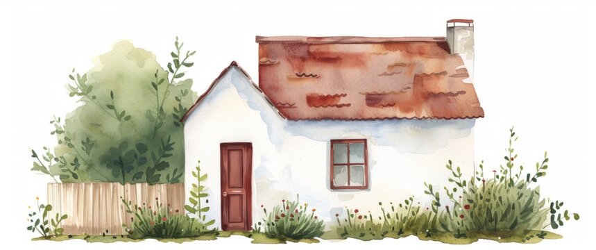 A watercolor illustration of a small white house with a red roof and a wooden fence in front of it. There are green bushes and flowers around the house.