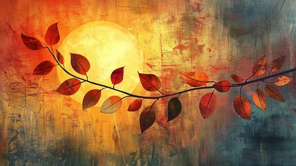 Stylized autumn leaves on a branch with an abstract glowing sun in the background, vibrant shades of orange, red, and yellow