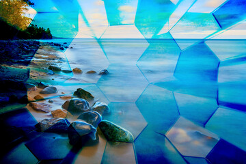 Surreal Geometric Seascape with Hexagonal Patterns, Michigan Beach