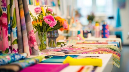 Fototapeta na wymiar Outoffocus photo of a table covered in colorful fabric swatches flower arrangements and sketches revealing the creative process and attention to detail that goes into creating a visually .