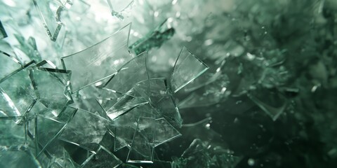 Detailed close-up of numerous fragmented glass pieces with a monochromatic green tint, symbolizing breakage - obrazy, fototapety, plakaty