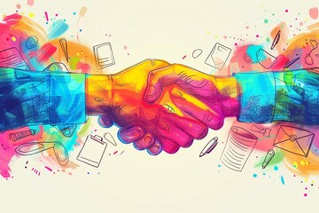 Vibrant and colorful illustration of a handshake, cartoonstyle, with exaggerated expressions of joy and business symbols like contracts and pens floating around - obrazy, fototapety, plakaty