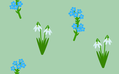Snowdrop and forget-me-not isolated on a pastel green background. Spring flowers. Flat style. Seamless pattern. Background for paper, cover, textile, dishes, interior decor.