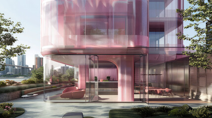 front image of a pneumatic inflatable pink plastic modern residential tower with large windows in New York with cantilever terraces realised by inflatable plastic modules 