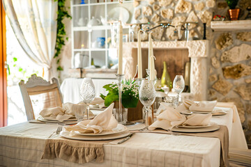 table setting in the restaurant interior light tones style