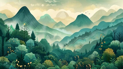Whimsical forest and mountain landscape in shades of sage green and turquoise with abstract geometric patterns