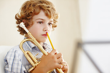 Thinking, music sheet and child with trumpet for learning, musical lesson and practice for talent...