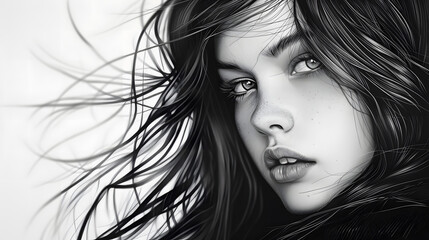 Intricate digital depiction of a young woman's face with flowing hair and a captivating look