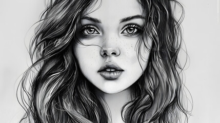 Digital portrait showcasing a captivating woman with lush, wavy hair and vibrant eyes in black and white