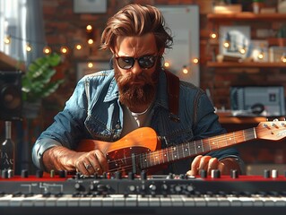Cartoon bearded musician composing a hit song, instruments and score background - obrazy, fototapety, plakaty